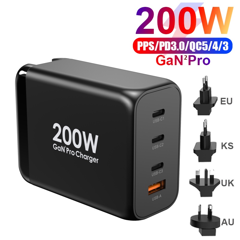 Ugoodbuy 200W USB C Wall Charger 4-Port PD 100W 65W PD 3.0 PPS GaN II Type C Charging Station Power Adapter for MacBook iPhone Samsung