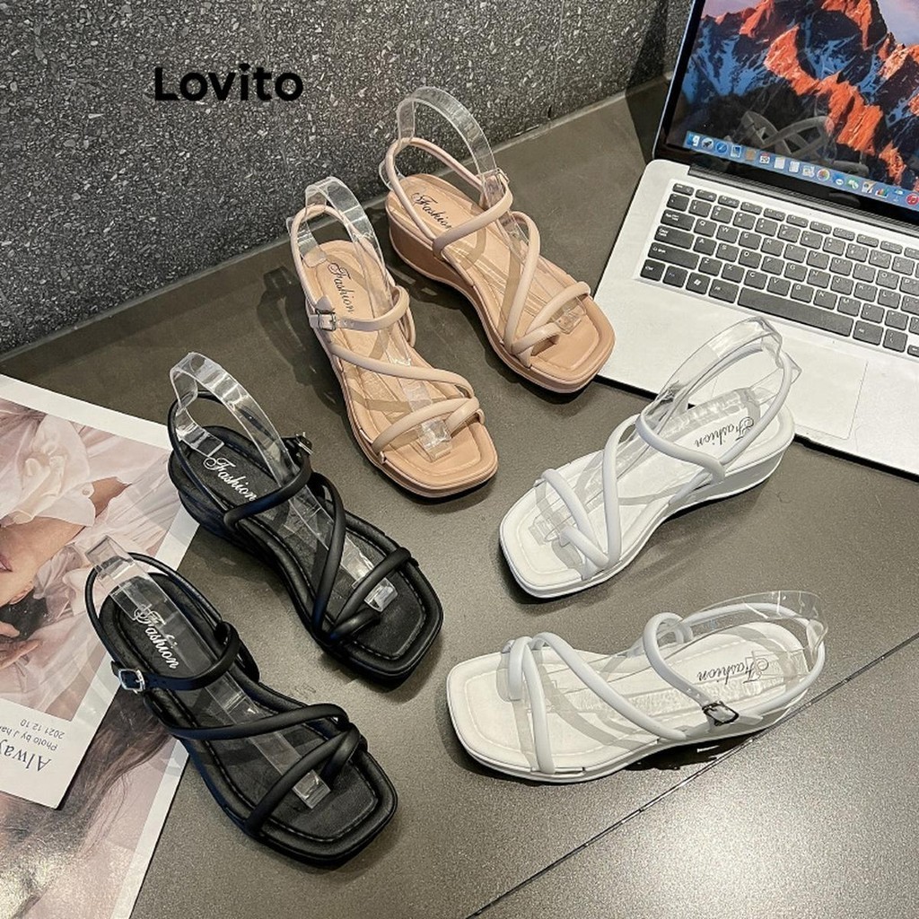 Lovito Casual Plain Tie Front Thick Soled Shoes Straps Heel for Women LFA26059